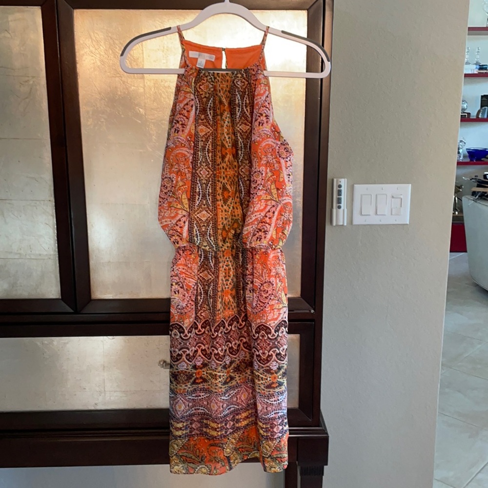 Halter dress size 8 London Times orange tribal print. Polyester. Lined.